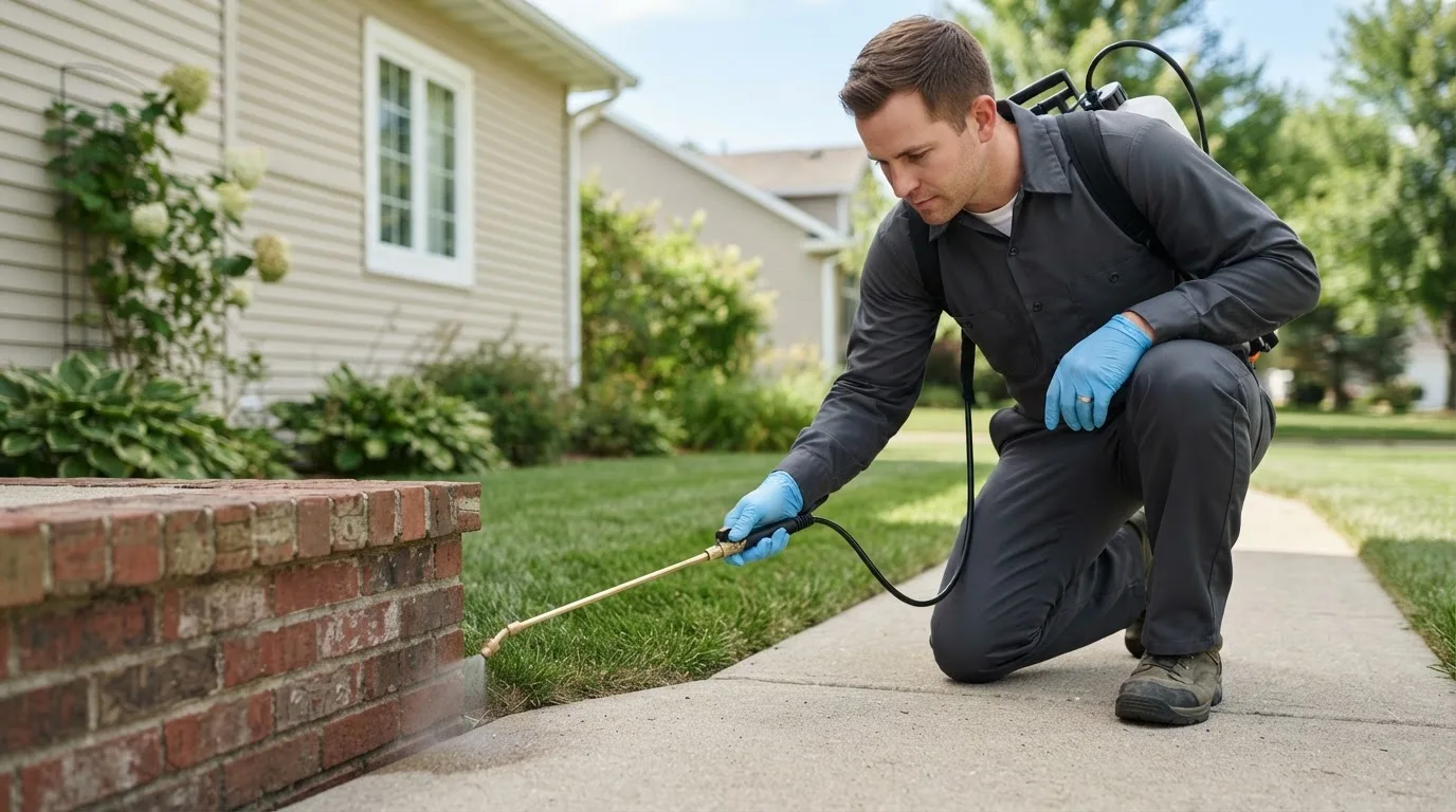 Pest control technician treating a home near West Terre Haute, IN